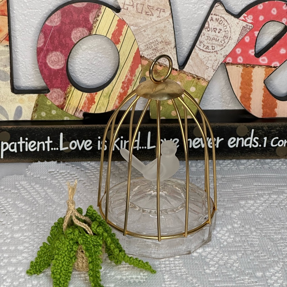 Vintage Decorative Birdcage in Gold and Satin Glass